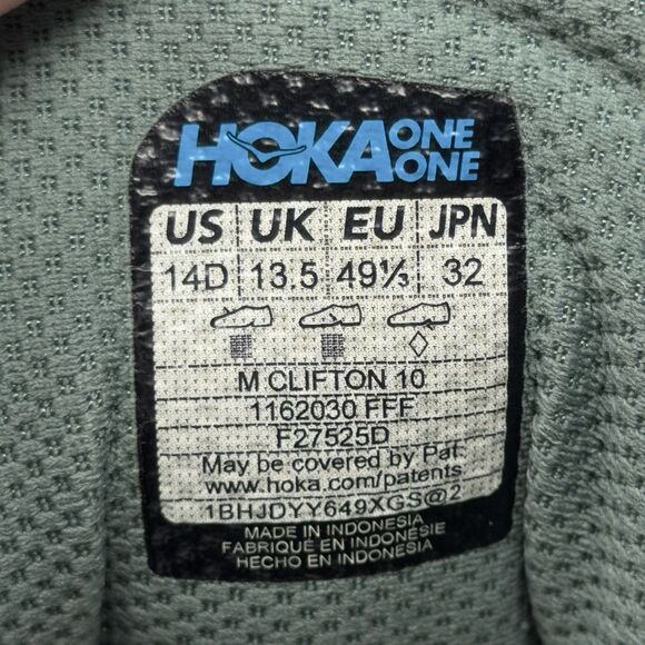 HOKA One One Clifton 10 Mens Size 14D Green Running Sneakers + NEW INSOLE main image 16